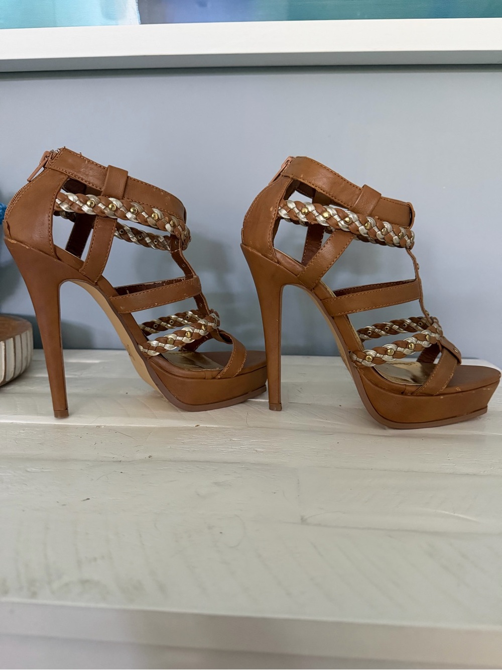 Women's Tan Strappy High Heel Sandals with Braided Detail. Never been worn